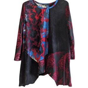 Calessa Womens XL Red Blue Black Abstract Burnout Velvet Patchwork Tunic Top
